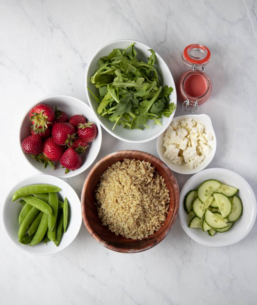 ingredient bowls for the strawberry summer quinoa salad