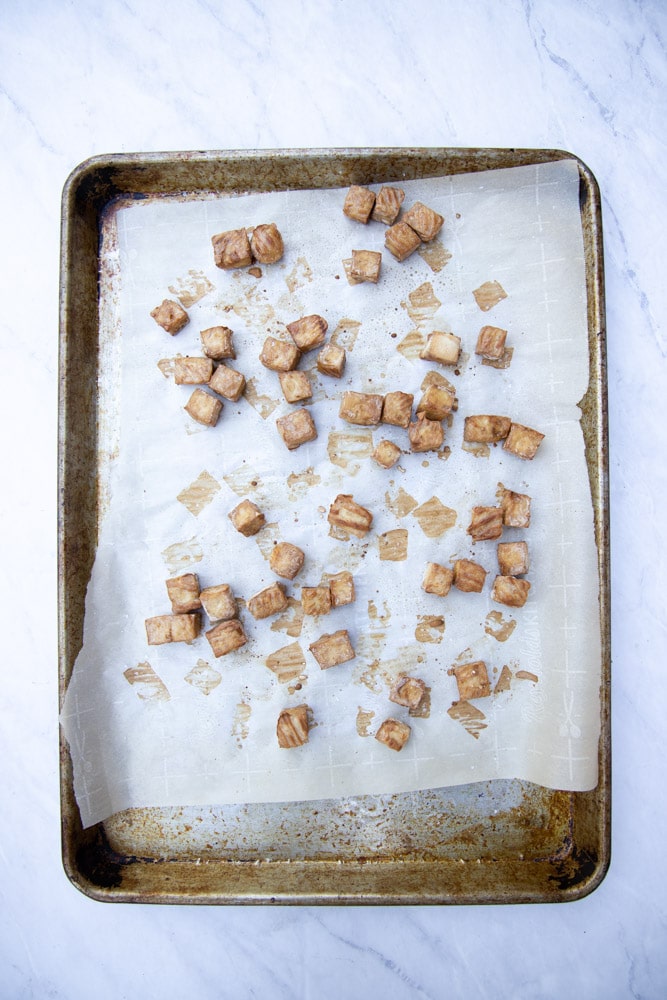 baked tofu on a sheet pan