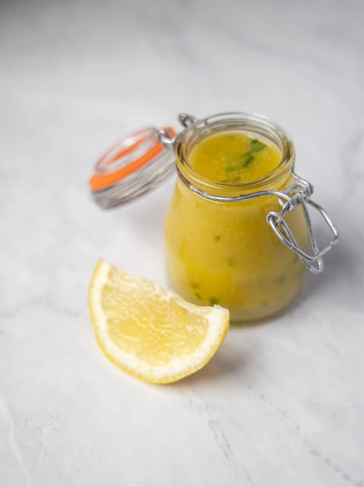 lemon chive vinaigrette in a jar