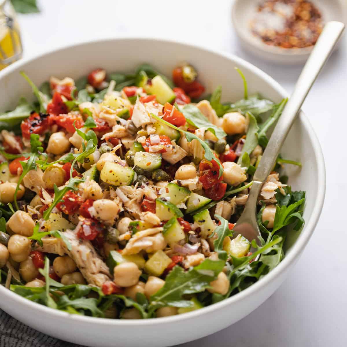 white bowl filled with Mediterranean tuna salad