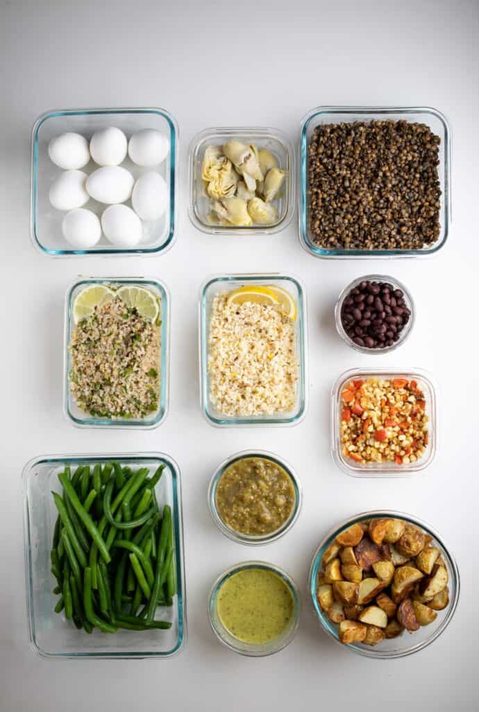 glass containers of individually prepped ingredients