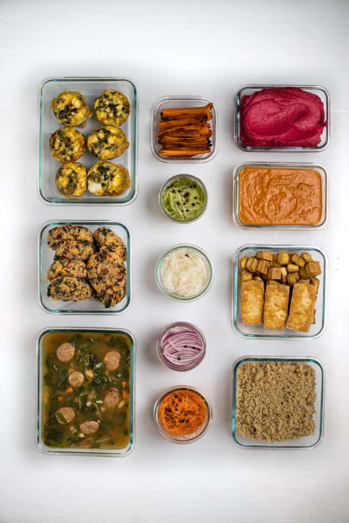 glass containers filled with the individually prepped ingredients