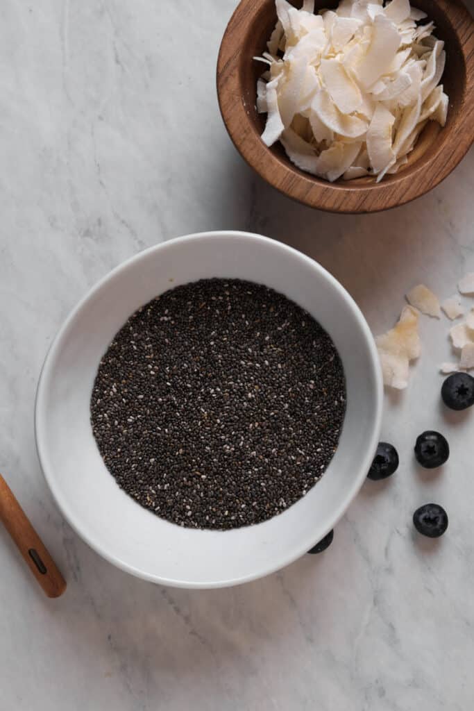 chia seeds and shaved coconut in bowls